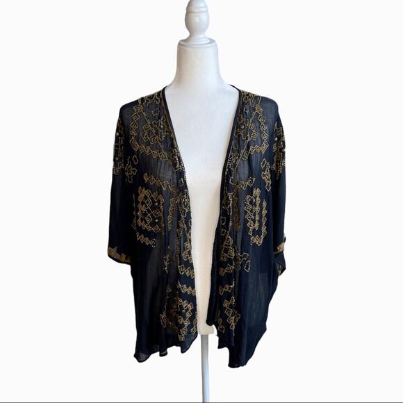 Anthropologie Fei Black Gold Beaded Open Cardigan Duster - Picture 11 of 13